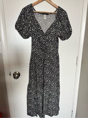 Caution To The Wind Navy Blue and White Floral Ribbed Knit Midi Dress
